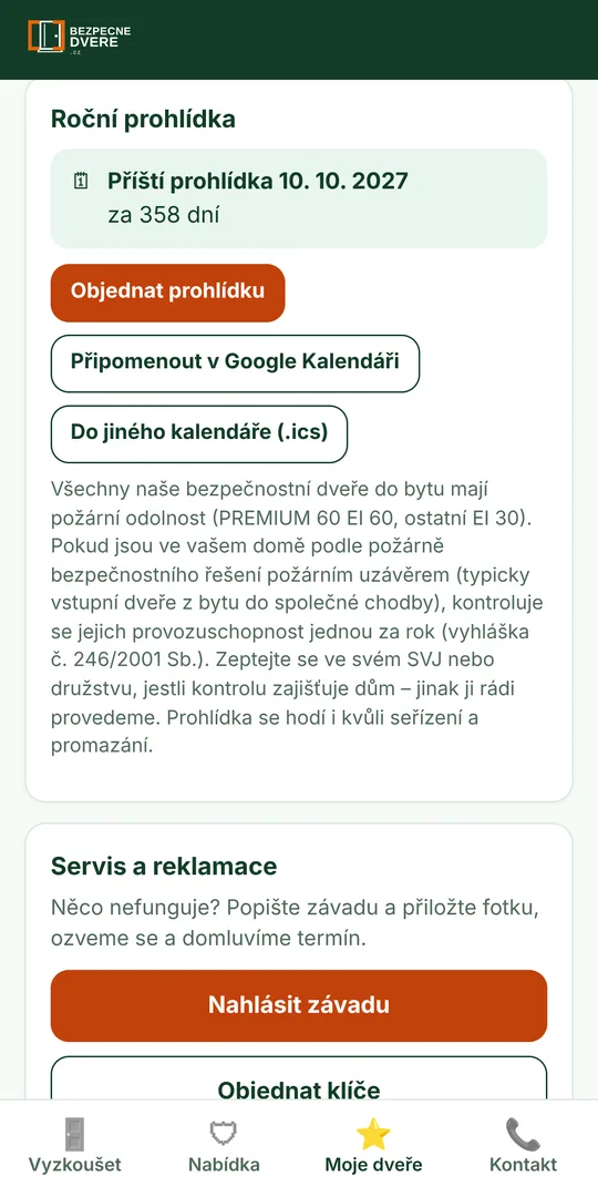 Roční prohlídka a hlášení závady v aplikaci